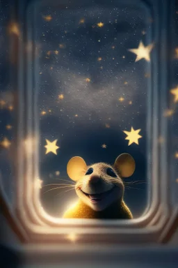 smiley mouse with background star field seen in the window of a boat, 4 k, trending art, depth of field, high detail, high contrast