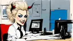 [in her dark office with a pervert smile, by Ralph Steadman] Name: Nancy Occupation: Mid-level Contract Demon at Infernal Affairs Inc. Features: Hair: blonde with a sauerkraut hairdo Skin: light Eyes: blue Build: athletic and curvy Extra Details: small horns