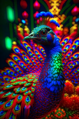 the 4d psychedelic neon interference patterned peacock that could trigger epilepsy, rockstar portrait, photo-realistic, shot on Hasselblad h6d-400c, zeiss prime lens, bokeh like f/0.8, tilt-shift lens 8k, high detail, smooth render, down-light, unreal engine 5, cinema 4d, HDR, dust effect,, smoke