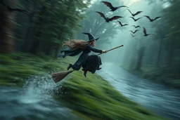 volumetric light, oil painting ,evening and motion blur running caped long haired witch on broom Quickling - Forgotten Realms dodging flying bats above water and along winding branches in lush green forest along speeding horses , bokeh like f/0.8, tilt-shift lens 8k, high detail, smooth render, down-light, unreal engine, prize winning