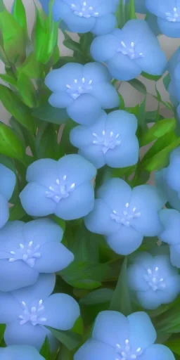 a bunch of blue flowers with green leaves, a digital rendering by Kanzan Shimomura, cgsociety, photorealism, rendered in maya, daz3d, photorealistic