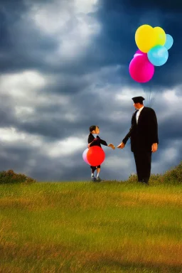 Carry a little girl home my trusted balloons, colorful, surrealism