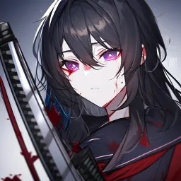 Clear focus, High resolution, rough line sketch art, long black hair, hair between eyes, fluffy hair, purple eyes, wearing a black and red sailor uniform, dark aura, mad, holding katana, bloody mess, glowing eye, looking down on viewer