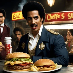 [photo from from Evil dead] Ray Santiago as Pablo Simon Bolivar aka El Cheffe, serving Deadites hamburgers in a fast food, the demonic food