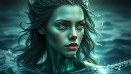 In this captivating digital artwork, an ethereal figure emerges, embodying the essence of the ocean. Her skin shimmers with a metallic emerald hue, reflecting the deep mysteries of the sea. Her hair, sharp and flowing like seaweed caught in a current, adds to her otherworldly appearance. Eyes glowing with an inner light, she gazes out over the water with a serene yet powerful expression, as if she is the guardian of all that lies beneath the waves. This portrait captures the beauty and mystique