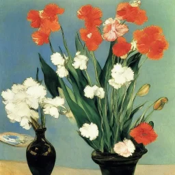 five tulips, three orchids, two carnations in a Delft faience vase split-complementary colors impressionism Edouard Manet