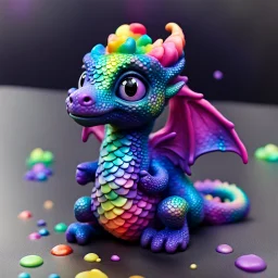 an adorable baby dragon in dark glistering rainbow scales, 3D putty, playdough