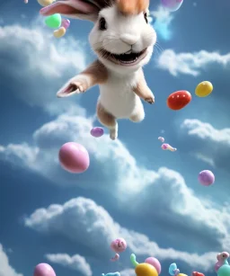 Ultra realistic speed clouds sky scene, wide angle view, childs falling down with many Childs background, rabbit head, inflatable monsters, circus dress style, feather color, free jumping flying, many trinkets, hair monster, many jelly beans, balls, color smoke, smile, happy, extreme, wind, clouds sea, 20,000 feet altitude, stratosphere, soft color, highly detailed, unreal engine 5, ray tracing, RTX, lumen lighting, ultra detail, volumetric lighting, 3d, finely drawn, high definition.