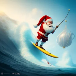 Santa surfing a big wave, surfboard, beach, character design by cory loftis, fenghua zhong, ryohei hase, ismail inceoglu and ruan jia. unreal engine 5, artistic lighting, highly detailed, photorealistic, fantasy