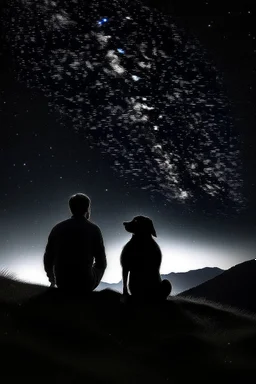 Black background on a mountaintop. A silhouette of a fit human man and a silhouette of a fit human woman sitting close to each other, looking at the stars. A large dog is in the photo behind the woman and the man.