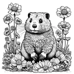 colorless marmot between seeds and big flowers black background .black and white colors. for a coloring. with grayscale