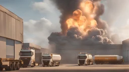 8k photorealism: 6 trucks carrying fuel parked, laboratory warehouse burning and exploding in the background