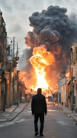 Man in a black jacket, back to the camera, looking down a street, watching an explosion of fire and lights in front of him.