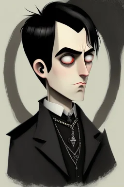 black haired young man wizard with gothic jewelry in the style of charles addams