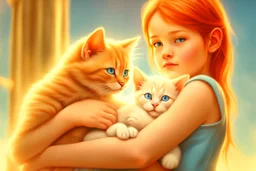 young red haired child lovingly cradles a sweet blue eyed Siamese kitten in her arms, the two of them exuding an air of peace and grace. Modifiers: Award winning photography fantasy oil on canvas photorealistic very attractive dynamic lighting fantastic view ultra detailed cinematic postprocessing VRay neon Iridescent aesthetically perfect facial features Tesselated