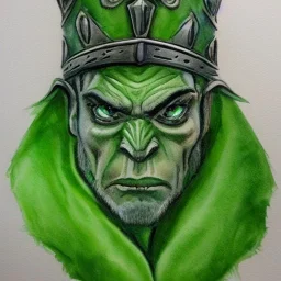 dungeons and dragons, fantasy, goblin, king, green skin, watercolour, large strokes, distinct face, portrait, head, crude crown