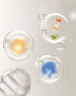 strawberry, orange, apple in water drops, transparent background