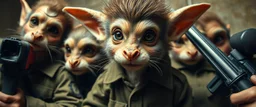 airbrush and pen outline, french art , extreme close up on cheeky fluffy weasel hairy goblin military prison guard troupe news anchor elf family scumbag , pinhole cam, airbrush 3d rendering, in the style of Titian and Rembrandt