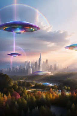 ufo rainbows, cité cristal très futuriste ultra moderne, ufos fleet, intergalactic, dômes de cristal