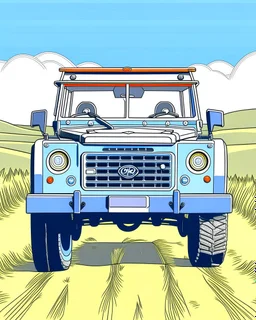 front Outline art, no shading, full land Rover defender on the road, cartoon style, thick lines, low details, --ar 9:11