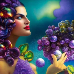 Hyperdetailed oil on canvas, gia carangi, detailed face, long hair, surrounded by luminous colorful sparkles, gypsy, grapes, blueberries, plums, sumac, pink bubbles, purple, by anne stokes, gaspar camps, maxfield parrish, alphonse mucha, cyril rolando, airbrush, depth of field, octane render, volumetric lighting; deep colors, symmetrical, cinematic, high coherence, golden ratio, rule of thirds, perfectly centered; anatomically correct faces, by james r. eads, ilon wikland art, vladyslav yerko