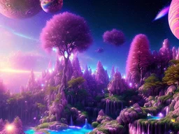 night stars galaxy crystal cosmic and galactic ambiance waterfall hill sky rocks sunset trees pools , full of details, smooth, bright sunshine，soft light atmosphere, light effect，vaporwave colorful, concept art, smooth, extremely sharp detail, finely tuned detail, ultra high definition, 8 k, unreal engine 5, ultra sharp focus