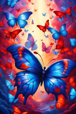 vibrant psychedelic oil painting image, airbrush, 64k, cartoon art image of background SAPPHIRE and RED BUTTERFLIES , futurism style