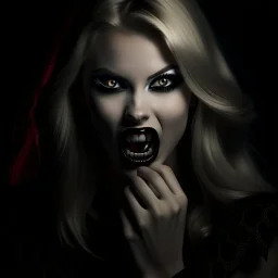 n this visually striking image, a vampire monster girl takes center stage, captivating the viewer with her presence. With her mouth agape, revealing her sharp fangs, she exudes an air of danger and allure. Her long eyelashes flutter with intensity, adding to her aura of mystery. Adorned with fake animal ears that perfectly match her blonde hair, she wears it in a unique style - a split ponytail with strands falling gracefully between her eyes and the rest flowing behind her ears. A delicate cors