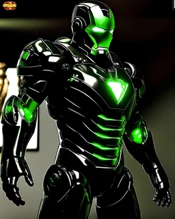 Super IRONMAN armor, kryptonite powered, black armor, black chrome, green lights, built by wayne enterprises, designed by stark industrieshttps://stablecog.com/generate?o=37b70ee1-cbf6-4de2-8ffe-0e02f33ce34f photorealistic, military display, weapons test,