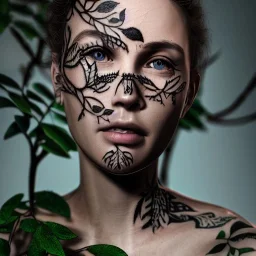 face tattoo of branches and leaves that become real, 8k resolution, high-quality, fine-detail, intricate, digital art, detailed matte, volumetric lighting, illustration, octane render,