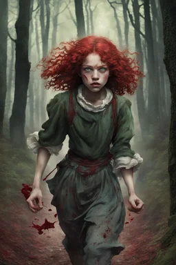 fourteen-year-old girl, green eyes, blood-red curls, dressed in rags, desperately fleeing through the forest