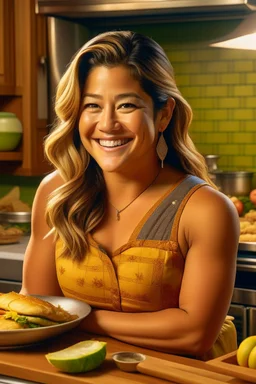 Gina Rodriguez cooking, first transformation hits. Torso undergoes change: golden radiance, pronounced curves, idealized Germanic aesthetic, dirndl-clad, embroidered details, blonde allure, traditional elegance, cooking in transformed grace, enchanting essence, harmonious blend, ethereal energy, vibrant transformation, mesmerizing allure, sophisticated refinement, cultural charm.