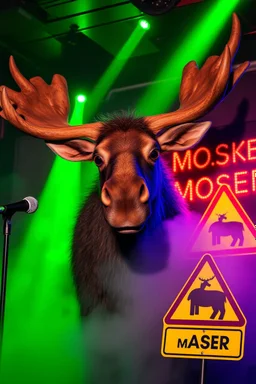 An big female moose with big eyes "Veronika Moser" performing at dance club, her name is "Moser" HAIRY FRUITS EVERYWERE On stage, Green Neon lights and smog, and "VERONIKA MOSER" big sign on the wall, "DU UND ICH UND MOSER" red plate sign, Yellow warning sign with moose
