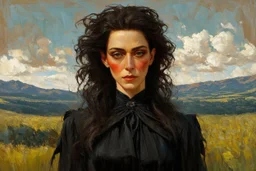 Egon Schiele, Andrea Kowch, Jean-Giraud Moebius, figurative abstract expressionist art, somber Gothic female vampire sorceress,full body portrait perfection,abstract painting ,acrylic art,oil paint,sharp brush strokes, fine palette knife, highly detailed hair and facial features, rugged skin tones, subdued natural colors, museum quality render