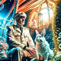 portrait of macho gestapo army officer on a ladder inside glowing mushroom grove with huge fluffy space rabbit, 4 k, down-light, soft light, depth of field, photo realism, trending on art station, high detail, spray paint