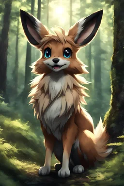Very Female Anthro eevee in the forest. Realistic light. Realistic fur. Giant eyes. Laughing