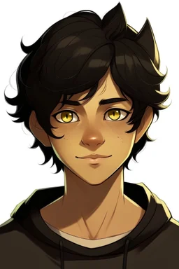 At teen male with messy black hair, gold eyes, large black cat ears, slight smile, dark skin