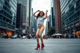 modern city a wide cross square a beautiful lady in nice pants and shirt pretty boots hip hop dancing city scape in background