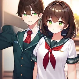 Clear focus, High resolution, short dark brown fluffy hair, green eyes, wearing a sailor uniform, red tie, yandere