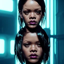 young rihanna, blade runner style, middle short hair, rain, fog, neon ambient, gradient color, clean skin, circuits, latex coat, cyber punk, neon, tubes, portrait, photo studio, unreal engine 5, smooth color, 16 bit, god lights, ray tracing, RTX, lumen lighting, ultra deatail, volumetric lighting, 3d, finely drawn, hd.