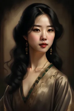 Portrait of a beautiful black haired woman in semi realism style, a historical princess wearing a beautiful dress, slim and fair, looks like Korean actress Jo Bo ah