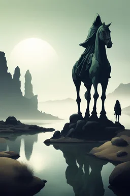 Draw me a lake with a mossy big stones in the desert in the distance background a giant statue on a horse of a hooded shadow of a scary creature