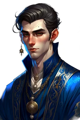 a wealthy half-elf young man with pointy ears and dark eyes, wears lots of jewelry, wearing blue and black