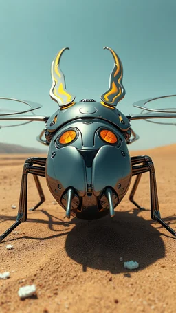 front wide-angle, low exposure, a metallic scarab beetle drone with golden Neumorphism glow, biomimicry structure, sand-filtering turbine limbs, chrome-enamel surface, arid cyber-desert with glass dunes, floating debris, sacred techno awakening, clean neumorphix style