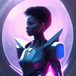 futurist | hyperphotorealistic | science fiction | metaverse | programming codes | black woman in an Asgardian environment travelling through the multiverse with a laptop with a baby girl in dark space