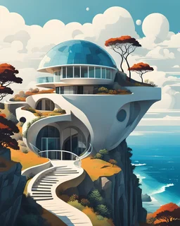 Casa campestre en un acantilado con un precipicio alto junto al mar arquitectura Neofuturista formas circulares y esféricas, árboles, gente, cielo clima de verano