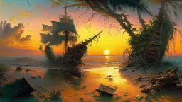 In the style of bob ross, thomas kadinskade and albert bierstadt a painting of a beach with an old ship wreck. Plants growing all over it. Intricate details, dramatic sunset, beautiful