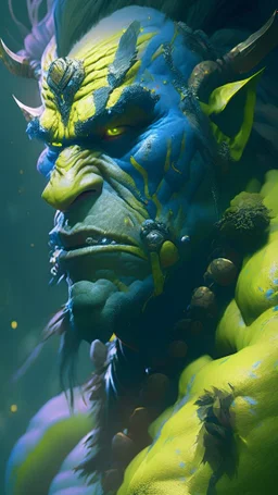 A Na'vi Ogre warrior starring at the viewer, 8k resolution concept art portrait by Greg Rutkowski, Artgerm, WLOP, Alphonse Mucha dynamic lighting hyperdetailed intricately detailed Splash art trending on Artstation Unreal Engine 5 volumetric lighting, by Hajime Isayama