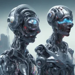 2 robots, lionel messi perfect face and kylian mbappe perfect face and portrait post-apocalypse perfect cyborgs in a cyberpunk city, sci-fi fantasy style, 8k,dark