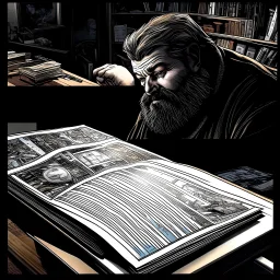 ((Masterpiece:1.2) of (award-winning:1.1) caliber, professionally executed with the utmost (precision and ultra-detail:1.3), imagine a photograh of a page of a photobook, inside are pictures that feature a fat, bearded man (watching tv:1.8),,comic book panels, multiple angles, a mixture of lighting and color palettes.